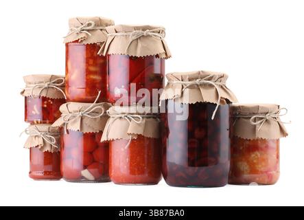 Many jars with different pickled products isolated on white Stock Photo