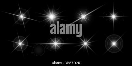 Glowing starburst with sparkling flare and radiant beams on a transparent background. Bright light effect with glitter, shine and sunray elements. Magical decorative design themes vector illustration Stock Vector