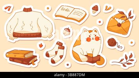 A set of glider stickers on a fall theme. Includes a cute cat, warm sweater, wool socks, peanut, books, ball of thread, envelope with an autumn sprig. Stock Vector