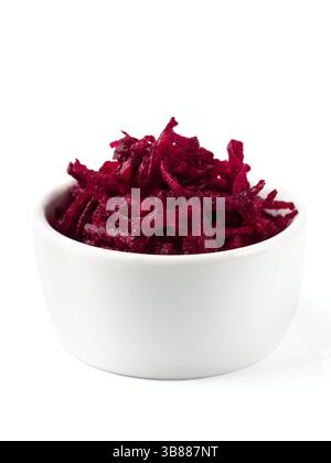 Grated beetroot in ceramic bowl. Shredded beet root salad isolated on white Stock Photo