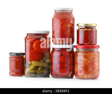 Many jars with different pickled products isolated on white Stock Photo
