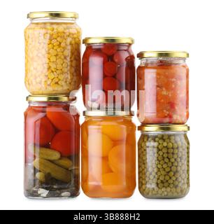 Many jars with different pickled products isolated on white Stock Photo