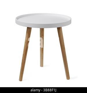 Round coffee table or end table isolated on white background with clipping path. Small round white table with 3 legs on white background Stock Photo