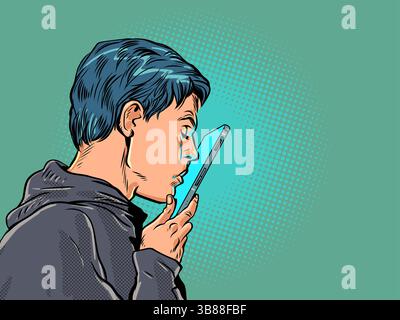 Man kissing phone screen. Finding relationships on dating app. Love with artificial intelligence. Stock Vector