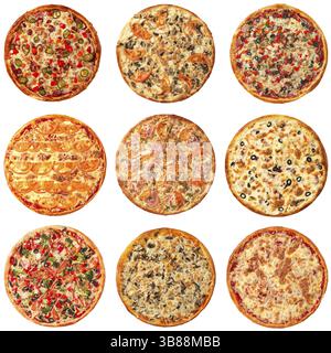 Set of 9 different pizza. Isolated on white. Top view Stock Photo