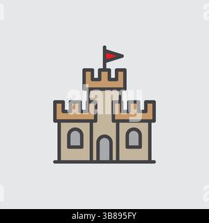 White Outline Icon of a Castle on Black Background Medieval, Fortress, and Kingdom Symbol Stock Vector