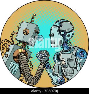 Pop Art Retro Robots fighting each other. Arm wrestling between opposites. Old technologies versus new ones. Stock Vector