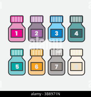 Set of Eight Colorful Paint Tubes with Numbers  Art Supplies, Watercolor, and Craft Materials Vector Illustration Stock Vector