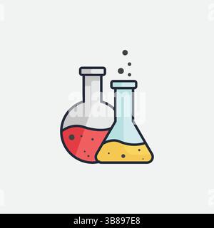 Colorful Vector Icon of Chemistry Flasks with Liquids and Bubbles Science, Laboratory, and Experiment Symbol. Stock Vector