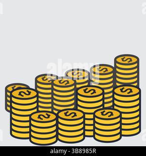 Simple Flat Vector Illustration of Stacks of Gold Coins with Dollar Signs, Representing Finance, Investment, and Wealth Growth on a Light Background Stock Vector