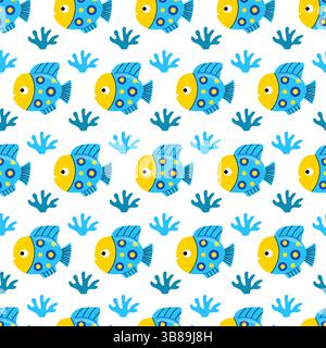 Blue tropical fish seamless pattern. Exotic fish with cute face Stock Vector