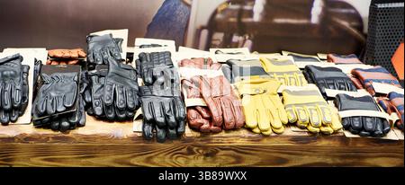 Motorcycle leather gloves in a store Stock Photo