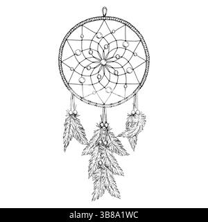 Vector illustration of a detailed dreamcatcher with spiral web, beads, and hanging feathers. Hand-drawn in ink line art style. Perfect for boho Stock Vector