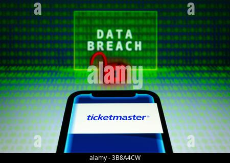 May 31, 2024, Asuncion, Paraguay: Ticketmaster logo is displayed on a smartphone in front of the words ''data breach'', visual representation of open padlock and binary code digits. (Credit Image: © Andre M. Chang/ZUMA Press Wire) Stock Photo