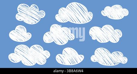 Crayon cloud kid chalk grunge clipart - distressed vintage effect smudged lines abstract shapes. Stock Vector