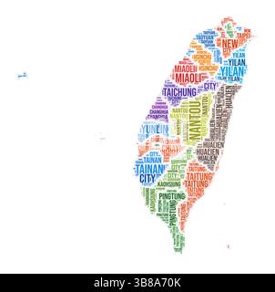 Taiwan region word cloud. Country shape design. Taiwan colored illustration. Region names collage cloud. Vector illustration. Stock Vector