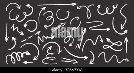 Chalk crayon arrows collection - hand sketched white doodle swirls, curved lines, pointers on blackboard. Stock Vector