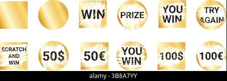 Card lottery winning text pack - scratched gold foil distressed stamp silhouettes. Stock Vector