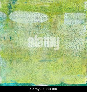 Green-yellow texture with blue print stamping, printed using the Gelli printing process. Stock Photo