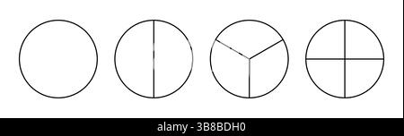 Divided circle in one, two, three, four segments. Pie, pizza round shape cut in 1,2,3,4 equal slices. Outline style. Black minimalist line chart. Stock Vector