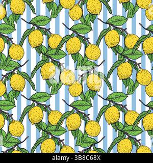 Lemon branch seamless pattern. Yellow fruits, green leaves, blue stripes. Hand drawn vector illustration. Food and cosmetic labels, jam, lemonade Stock Vector
