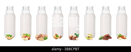 Different types of nut milk in glass bottles isolated on white, set Stock Photo
