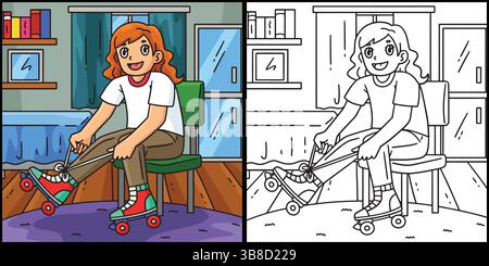 Girl Wearing Roller Skates Coloring Illustration Stock Vector