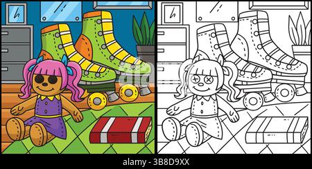 Roller Skates and Doll Coloring Page Illustration  Stock Vector