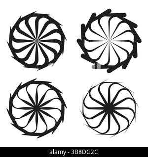 Rotating swirl elements. Black abstract spirals. Dynamic circular shapes. Vector motion icons. Stock Vector