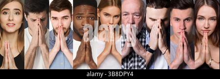 Collage of diverse people praying at studio background Stock Photo