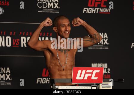 February 23, 2024, Mexico City, Mexico: RAONI BARCELOS steps on the scale for the official weigh-in at the InterContinental Presidente Mexico City Hotel for UFC Fight Night Mexico City. (Credit Image: © Alejandro Salazar/ZUMA Press Wire) Stock Photo