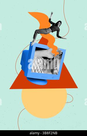 Poster banner collage of small person stand big monitor with human listen info on teal background Stock Photo