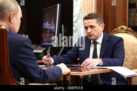 April 8, 2024, Moscow, Moscow Oblast, Russia: Federal Fisheries Agency head Ilya Shestakov, right, comments during a meeting hosted by Russian President Vladimir Putin, left, at the Kremlin, April 8, 2024 in Moscow, Russia. (Credit Image: © Gavriil Grigorov/Kremlin Pool/Planet Pix via ZUMA Press Wire) Stock Photo