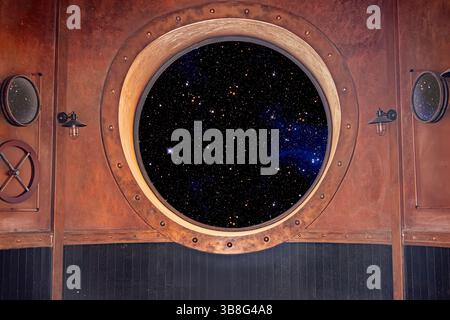 A steampunk-style interior shows a circular spaceship window framing a captivating starry night view, portraying exploration and imagination. Stock Photo