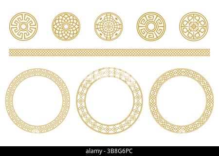 Set of intricate gold decorative circles and borders, exhibiting Asian-inspired designs.  These elegant outlines are perfect for graphic projects. Stock Vector