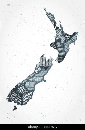 New Zealand regions word clouds. Country shape on textured background. New Zealand design in typographic style. Amazing vector illustration. Stock Vector