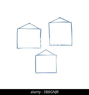 Set of three doodle style wall frames hanging on string with nail in whimsical hand drawn sketch Stock Vector