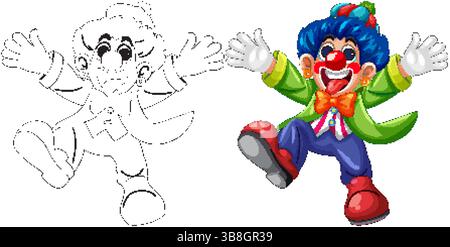 Vibrant clown illustration with bold colors and playful expression. Includes detailed outline version for versatile use Stock Vector