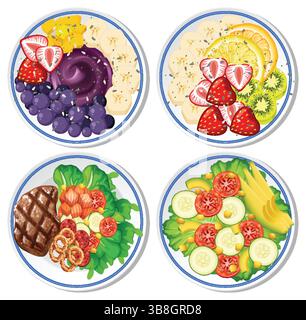 Vector illustration of vibrant fruit and vegetable plates. Detailed, colorful compositions with diverse ingredients and realistic textures Stock Vector