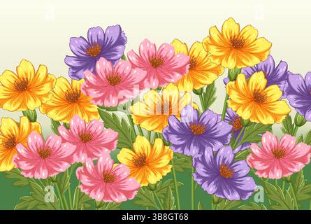 Brightly colored flowers in a vector style, featuring pink, yellow, and purple hues with detailed leaves and stems Stock Vector