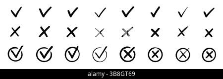 Check the mark icon set. Hand drawn doodle checklist correct, cross, ok vote sign element. Hand drawn brush stroke check mark with box, circle symbol icon set. Vector illustration Stock Vector