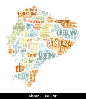 Ecuador Word Cloud. Country shape with region division. Ecuador typography style image. Region names tag clouds. Vector illustration. Stock Vector