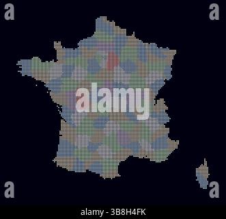 France dotted map. Digital style map of the country on a dark background. France shape with circle dots. Colored dots style. Small size circles. Stock Vector