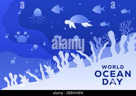 world ocean day background illustration in paper art style Stock Vector