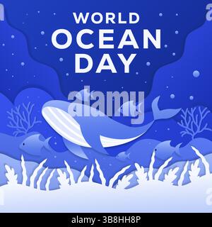 illustration paper art design style for world ocean day Stock Vector