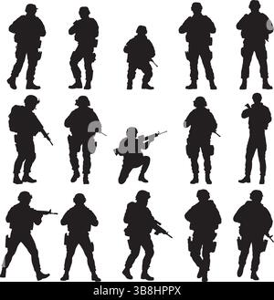 Military Soldier Silhouettes Collection – Black and White Vector Set of Armed Forces in Tactical Combat Poses Stock Vector
