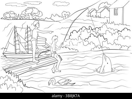 Black and white outline drawing of two boys fishing from a dock or boat, with one boy holding a fishing rod and a dolphin jumping out of the water see Stock Vector