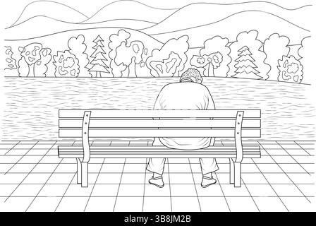 A black and white line drawing illustration of a man seen from behind, sitting on a park bench and contemplating the view of a peaceful pond or lake. Stock Vector
