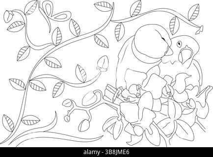 Black and white line art illustration featuring two beautiful love birds perched together on a branch with leaves and orchid flowers. Ideal as a color Stock Vector