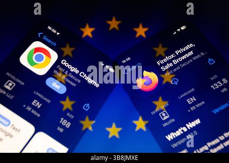 January 28, 2024, Asuncion, Paraguay: Google Chrome and Mozilla Firefox web browsers apps are displayed on the App Store on iPhone backdropped by cropped flag of the European Union. (Credit Image: © Andre M. Chang/ZUMA Press Wire) Stock Photo